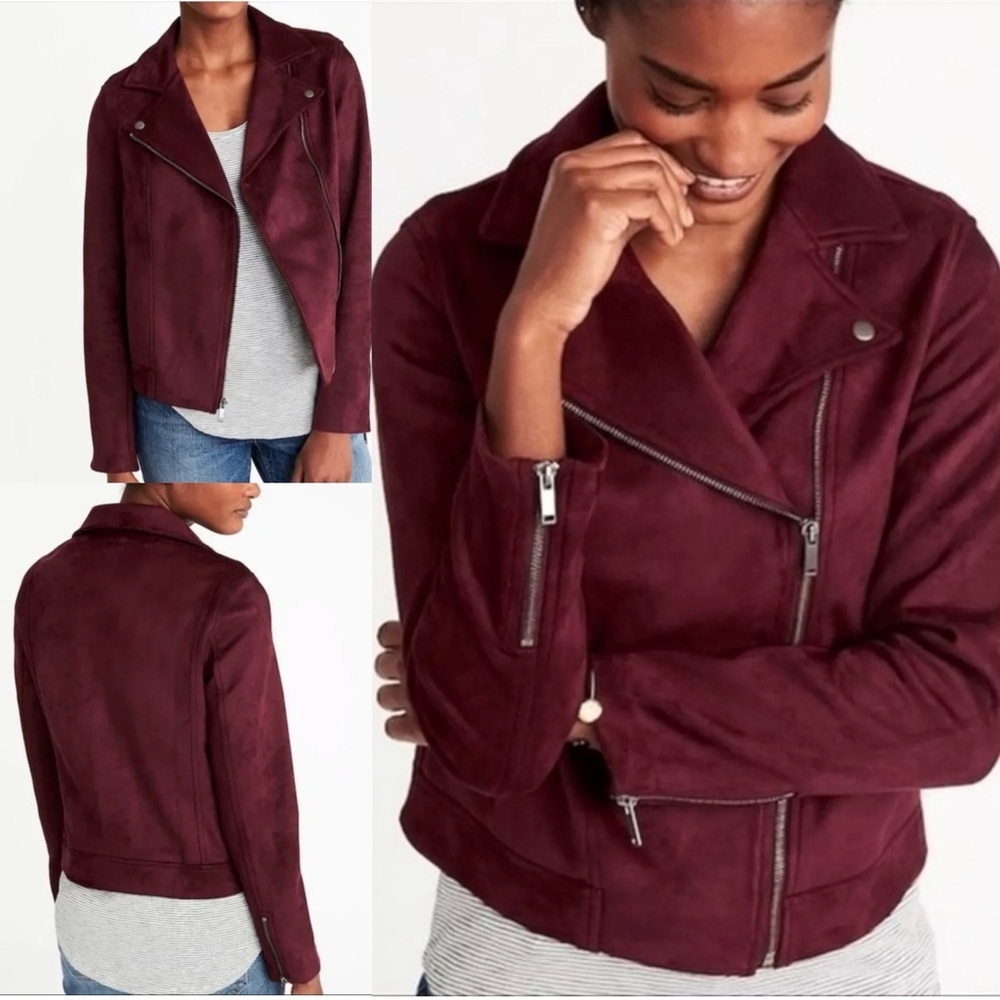 Old Navy Faux Suede Maroon Moto Biker Jacket